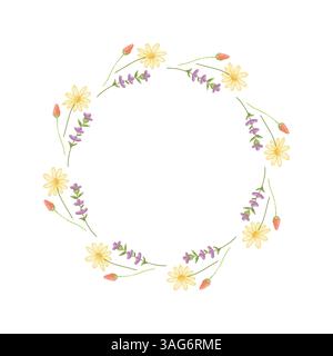 Elegant gestalteter Blumenkranz mit gelben, lila und rosa Blumen auf weißem Hintergrund Stock Vektor