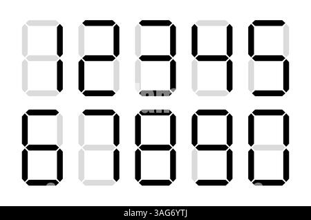 Ziffernanzeige Uhrzeitsymbol. Elektronischer Timer für den Bildschirm „Schriftart Vektor“ des Rechners. Schwarze Ziffer für Stundenhintergrund. Stock Vektor