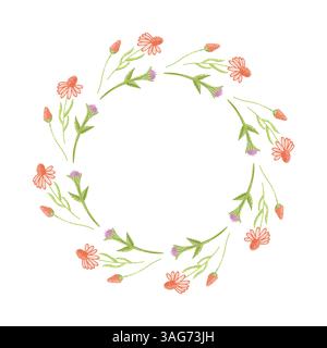 Handgezeichneter Blumenkranz mit orangefarbenen und lila Blumen auf weißem Hintergrund Stock Vektor