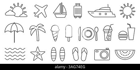 Symbole für Sommerurlaube, die Strandaktivitäten, Reiseutensilien und erfrischende Köstlichkeiten in minimalistischem Design darstellen Stock Vektor