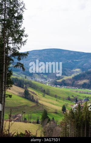 Üppige grüne Hügel hügeln sich sanft über den Horizont, mit einem kleinen Dorf im Tal unter einem weichen, bewölkten Himmel, die ein ruhiges Bild schaffen Stockfoto