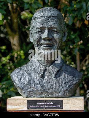 18. März 2011 – Kapstadt, Westkap, Südafrika – Eine Bronzebüste von N. Mandela des bekannten Bildhauers John Francis Gardner steht in den Kirstenbosch National Botanical Gardens in Südafrika in der Nähe eines Pfefferrindenbaums, den Mandela 1996 bei einem Besuch gepflanzt hat. (Bild: © Arnold Drapkin/ZUMAPRESS.com) Stockfoto