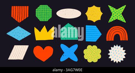 Moderne abstrakte geometrische Formen mit einfachen Mustern und Texturen. Y2K abstraktes, grooviges, brutales geometrisches Formset. Vektorsatz für Aufkleber und Grafik Stock Vektor