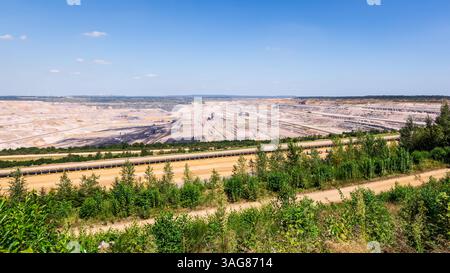 Panoramablick auf das Bergwerk Hambach in Nordrhein-Westfalen, ein riesiges Steinkohlebergwerk von RWE, das für den Braunkohlebergbau genutzt wird. Stockfoto