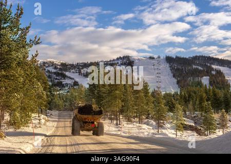 Bauwagen, der im Winterwald entlang der Straße fährt, schneebedeckte Kiefern und Tannen Stockfoto