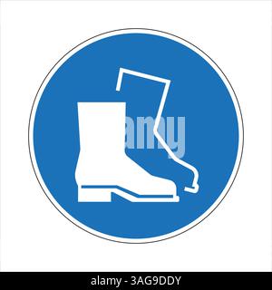 Blaues und weißes Schild mit obligatorischen Sicherheitsstiefeln, das die Sicherheit am Arbeitsplatz und die Einhaltung der Arbeitssicherheitsvorschriften fördert Stock Vektor
