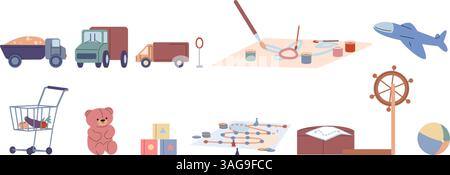 Spielzeug und Spielelemente. Transport, LKW, Flugzeug, Würfel, Ball und Plüschbär. Verschiedene Kinder Spielzeug und Brettspiel, Zeichenwerkzeuge, Vektorset Stock Vektor