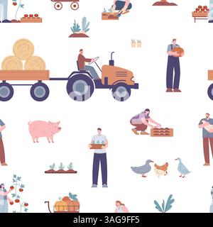 Gartenarbeiter, Bauern nahtlose Muster. Männer Frauen, die ernten, Schweine und Nutzvögel. Man fährt Traktor, hält Hühner, Kürbis, Pflanzen, Vektor-Hintergrund Stock Vektor
