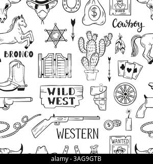 Nahtloses Western-Doodle-Muster. Wilder Westen, Cowboy-Welt-Sketch-Design. Stofftapete Verpackung Druck, neoterischer Vektor Hintergrund Stock Vektor