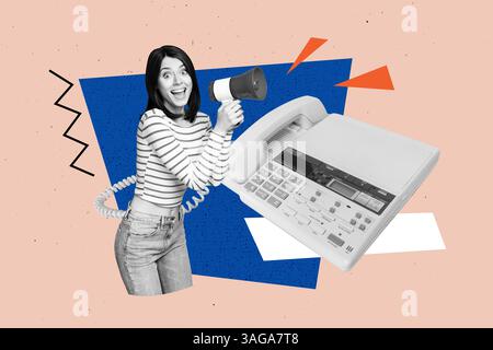 Composite Sketch Bild Trend Artwork Collage der jungen Dame Lächeln Hand halten Lautsprecher Festnetztelefon Anruf Service Vakanz Büro Manager Stockfoto