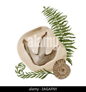 Dinosaurier-Fußabdruck auf Stein. Farnblätter und Ammoniit. Die Zusammensetzung der mit Pflanzen verzierten Steine. Prähistorisches Fossil der Jura-Ära. Museum of Stockfoto
