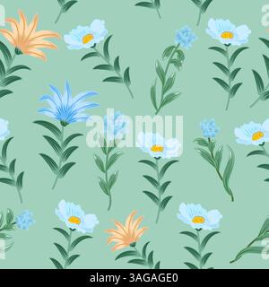 Nahtloses Vektor-Muster mit blauen und gelben Blumen auf weißem Hintergrund. Botanische Kunstillustration für Tapeten, Wanddekoration, Stoff, Textil, Stock Vektor