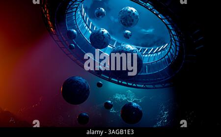 Futuristische Raumstruktur, umgeben von schwebenden Planeten und kosmischem Licht in einer surrealen außerirdischen Umgebung. Stockfoto