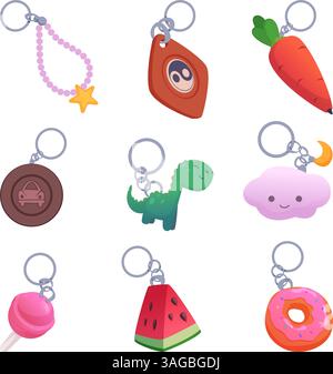 Schmuckstück. Schlüsselanhänger für Rucksack stilvolle dekorative Federn und verschiedene Taschen Accessoires exakte Vektor Mode Elemente für Schlüssel Stock Vektor