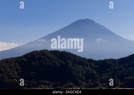 Der Fuji erhebt sich über einem dichten Wald unter einem klaren blauen Himmel mit weichen Wolken in der Nähe seiner Hänge und schafft eine ruhige Landschaft mit der berühmten Vulkanerbse Japans Stockfoto