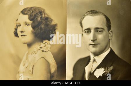 Zwei alte Schwarzweiß-Fotodrucke im Vintage-Stil: Ein Portraitfoto einer jungen Frau in den 1930er Jahren und eines Mannes in den Zwanzigern in formeller Jacke und Krawatte Stockfoto
