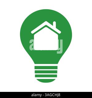 Ein umweltfreundliches Home Concept Logo mit einer Glühbirne und einem Haus im Inneren. Das grüne Farbschema und das symbolische Design stehen für Nachhaltigkeit, ren Stock Vektor