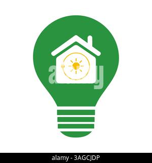 Ein umweltfreundliches Home Concept Logo mit einer Glühlampe mit Haus und Sonne im Inneren. Das grüne Farbschema und das symbolische Design stehen für Nachhaltigkeit Stock Vektor