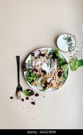 Blick von oben auf einen frischen und farbenfrohen Couscous-Salat mit Blattgemüse, Rettich in Scheiben, Preiselbeeren und Fetakäse, garniert mit Joghurt und Kräutern. Stockfoto