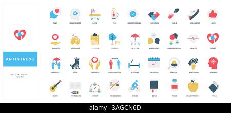 Anti-Stress- und Psychologie-Unterstützung, Mentorenberatung, Beziehung, Freizeit für ruhige Geist Farbe Icon Set. Schlafen und Journalisieren, Entspannen und Mitgefühl Entlasten Sie Stress flache Vektor-Illustration Stock Vektor
