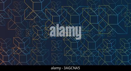 Ein geometrisches abstraktes Muster aus versetzten rechteckigen 3D-Blöcken in unterschiedlicher Größe, die sich überlappen und in gelben und blauen Linien auf einer dunkelblauen Rückseite verwoben sind Stock Vektor