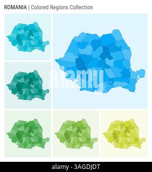 Kartensammlung Rumänien. Länderform mit farbigen Regionen. Hellblau, Cyan, Teal, Grün, Hellgrün, Farbpaletten in Limettenfarben. Stock Vektor