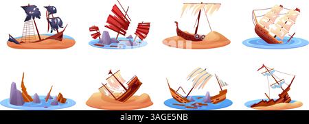 Zerstörte Schiffe. Wrackteile von alten Holzbooten, Segelbooten, Piratenschiffen. Wrack Brigantin in Sand, auf Felsen, im Meer oder Ozean. Das sinkende Schlachtschiff heute Stock Vektor