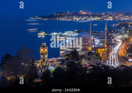Wunderschöne Dolmabahce Moschee bei Nacht mit Panoramablick auf Besiktas in Istanbul, Turkiye. Stockfoto