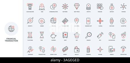 Geldtransfer und Geldfluss, Bargeld, Kryptowährung und Online-Transaktion, Symbolsatz für Terminalzeilen. Kontaktlose und bargeldlose Zahlung für Kauf, CRM dünne schwarze und rote Umrisssymbole Vektorillustration Stock Vektor