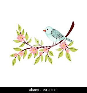 Niedlicher Vogel auf blühender Zweig-Vektor-Illustration Stock Vektor