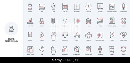 Möbel und Dekor für Büro und Heim, Sanitär-Equipment-Linie Icon Set. Kühlschrank und Kaffeemaschine für Küche, Sofa im Wohnzimmer dünne schwarze und rote Umrisssymbolvektor Illustration Stock Vektor