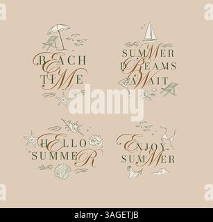 Sommer-Stimmung-Schriften mit Strand-Motto-Ikonen Illustrationen Sammlung Zeichnung auf braunem Hintergrund Stock Vektor