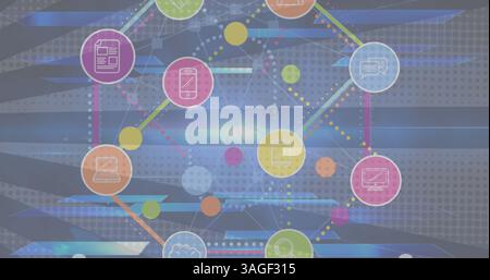 Bild des Netzwerks digitaler Symbole über sich drehenden Streifen im Hintergrund Stockfoto