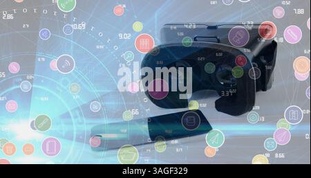 Bild der digitalen Symbole und Oszilloskope, die über das vr-Headset im Hintergrund scannen Stockfoto