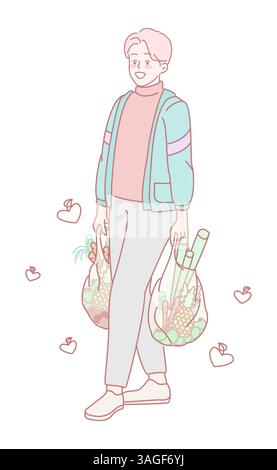 Ein trendiger junger Mann trägt gerne seine Einkaufstaschen und fördert die Idee nachhaltiger Einkaufspraktiken Stock Vektor