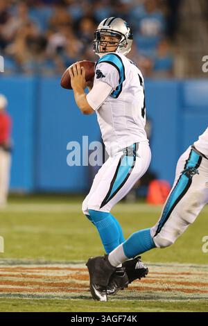 11. August 2012: Carolina Panthers Quarterback Jimmy Clausen (7) fällt im dritten Quartal im Bank of America Stadium in Charlotte, NC zurück. Houston gewinnt 26-13 gegen die Panthers. (Bild: © Jim Dedmon/Cal Sport Media/ZUMAPRESS.com) Stockfoto