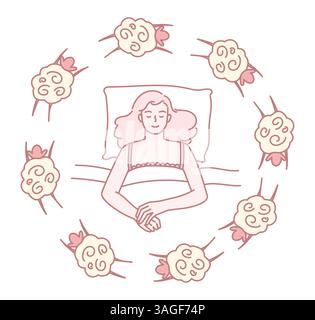 Eine ruhige und ruhige Illustration, die eine Frau darstellt, die friedlich schläft, anmutig umgeben von flauschigen Wolken Stock Vektor