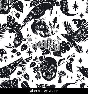 Nahtloses Schwarz-weiß-Muster mit handgezeichneten Tintenrabben oder Krähen, die auf menschlichen Schädeln sitzen Stock Vektor