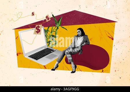 Composite-Artwork 3D-Fotocollage Trendvorlage von Entfernungsarbeitsbereich Unternehmer Human Resources junge Dame sitzen Laptop verdient Geld Stockfoto