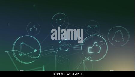 Bild der digitalen Symbole über das Netzwerk von Verbindungen auf blauem Hintergrund Stockfoto