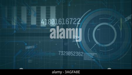 Bild der Zahlenänderung, des Scans und der Datenverarbeitung auf Bildschirmen über dem Raster Stockfoto