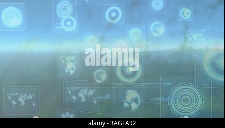 Bild des Scans und der Datenverarbeitung von Oszilloskopen auf Bildschirmen über Wiese und blauem Himmel Stockfoto