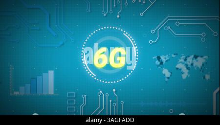 Bild von 6g-Text, Scope-Scan und Datenverarbeitung über Weltkarte Stockfoto