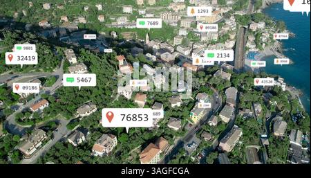 Bild von Social-Media-Ikonen und Zahlen auf Bannern über der Stadtlandschaft Stockfoto