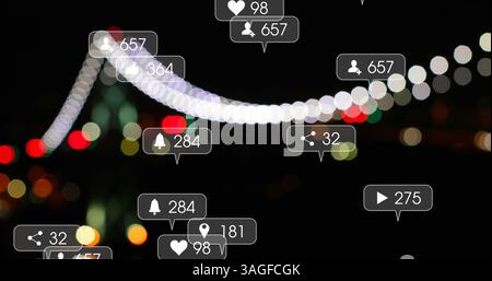 Bild von Social-Media-Symbolen und Zahlen auf Bannern über flackernden Lichtern Stockfoto