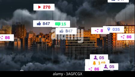 Bild der Cursor über Social-Media-Ikonen und Zahlen auf Bannern und Stadtbildern Stockfoto