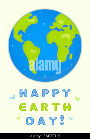 Happy Earth Day Postkarte, Poster mit Inschrift. Heller Planet und eigener trendiger y2k-Bubble-Text. Ökologisches Konzept Banner, Natur retten und lieben, gr Stock Vektor