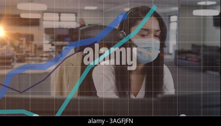 Bild der Datenverarbeitung mit blauen Linien über der Frau mit Gesichtsmaske im Büro Stockfoto