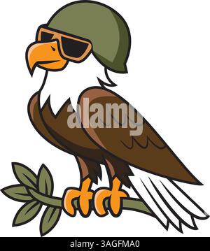 Niedliche Adlercartoon-Vektorkunst mit Armeehut und Sonnenbrille Stock Vektor