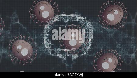 Bild von covid-19-Zellen und Emojis mit menschlicher Gehirndrehung Stockfoto